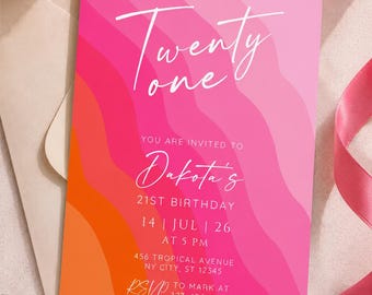Pink Orange Ombre Invitation, Modern Summer Sunset Birthday Invite, Editable Canva Template (Digital Download)