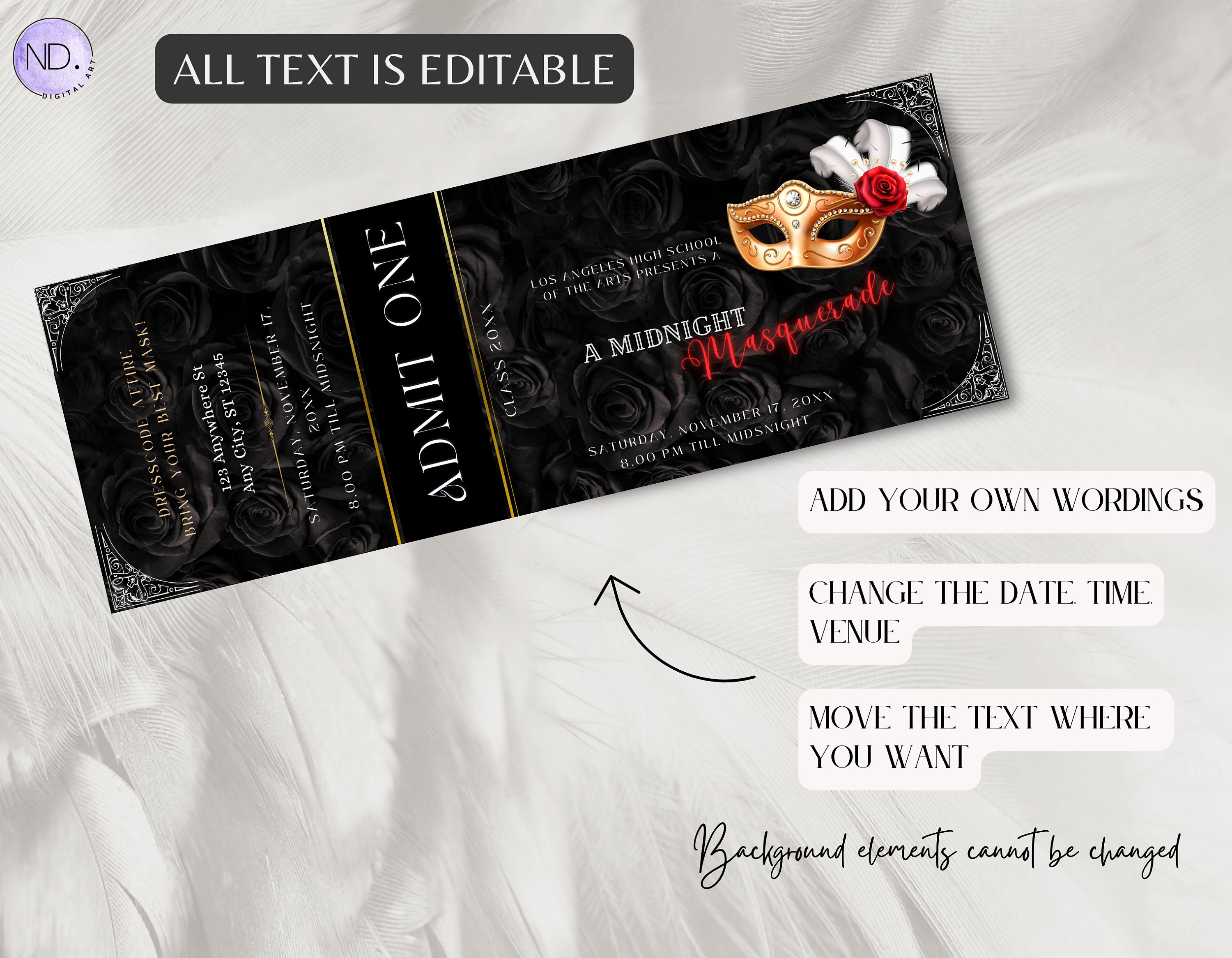 Editable Masquerade Ball Ticket Template, Black and Red Rose Masquerade