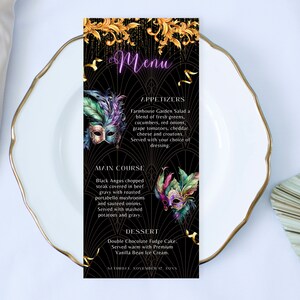 Gold Masquerade Party Menu Template, Editable Canva Card (Digital Download)