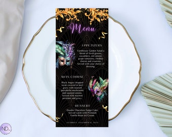 Gold Masquerade Party Menü Vorlage, bearbeitbare Canva Karte (digitaler Download)