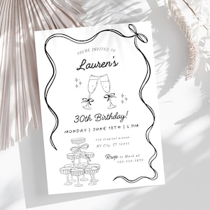 Whimsical Hand Drawn Birthday Invitation Editable Black and White Coquette Bow Doodle Dinner Party Invite, Any Age, Canva Template