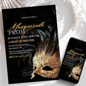 Black Gold Masquerade Party Invitation, Masquerade Prom Invite, Print or Text, Canva Template