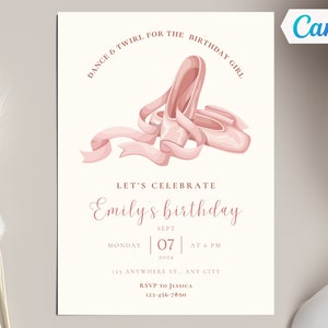 Ballerina Birthday Invitation, Editable Ballet Girls Party Invite, Ballerina Dance and Twirl Birthday Party, Canva Template