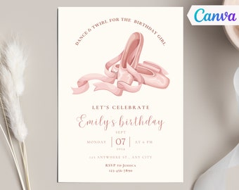 Op de afbeelding: Een roze ballet-schoen verjaardagsuitnodiging met de tekst "Dance & Twirl for the Birthday Girl" en "Let's Celebrate Emily's Birthday" met de datum "Sept 07, 2024" en de tijd "at 6 PM".