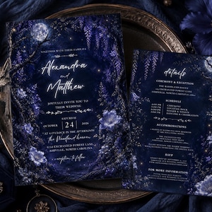 May include: A dark blue wedding invitation and details card set featuring a full moon, glowing stars, and purple floral vines. The text includes the names Alexandra and Matthew, the date October 24, 2026, and event information for The Woodland Haven.