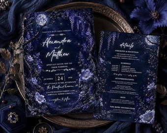 Mystical Enchanted Forest Wedding Invitation Template, Midnight Blue Wedding Invite, Moonlit Woodland