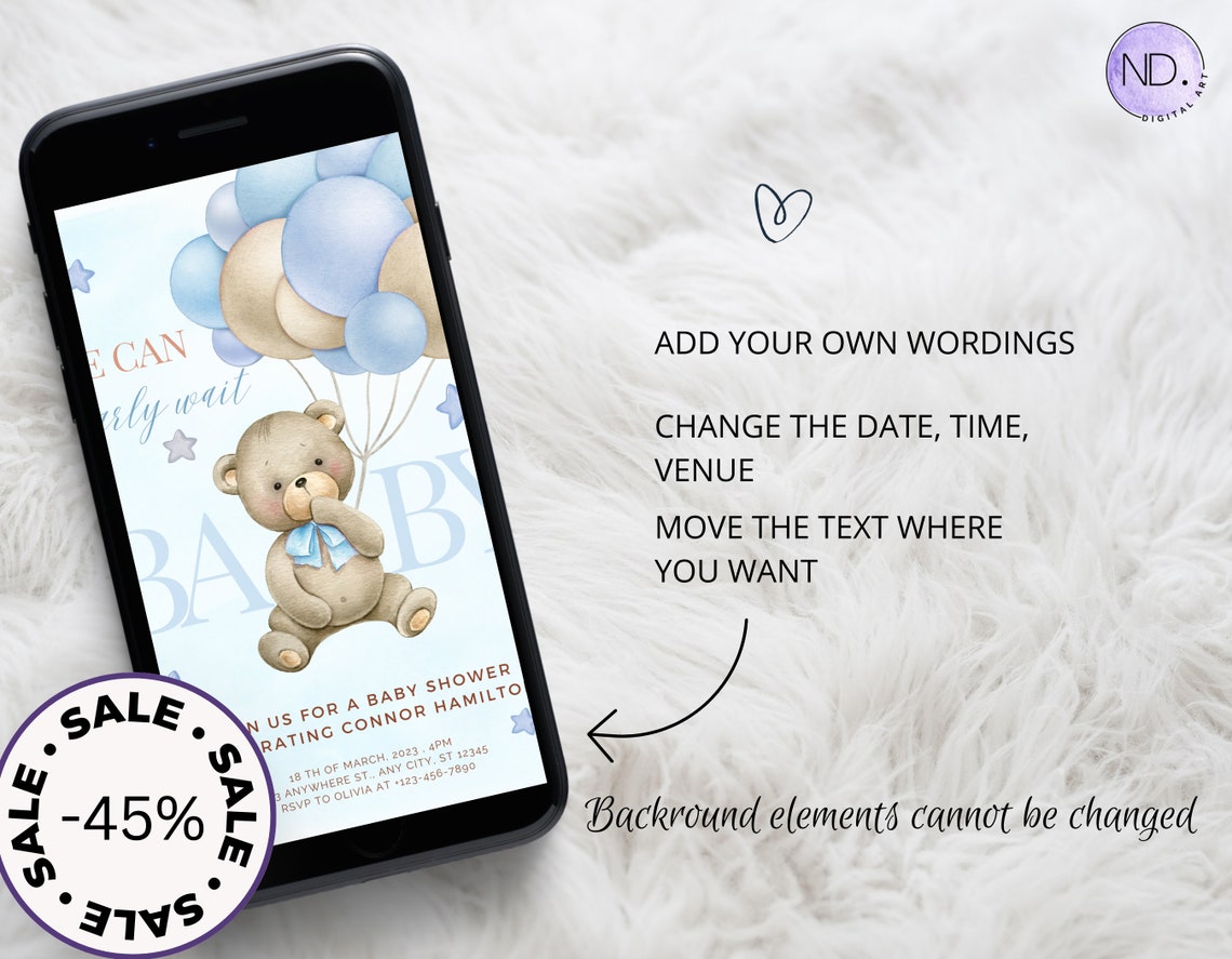 Editable Teddy Bear Balloon Baby Shower Invitation We Can Bearly Wait ...