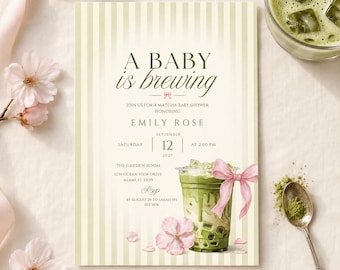 Matcha Baby Shower Invitation, A Baby Is Brewing Pink Bow Editable Canva Template