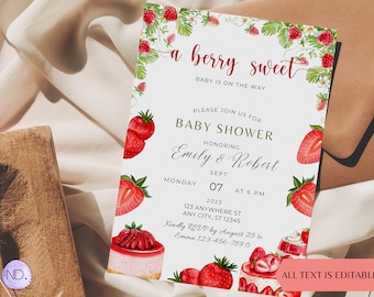 Editable Strawberry Baby Shower Invitation Berry Sweet Baby Shower