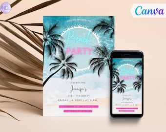 Editable Beach Party Invitation, Beach Birthday Party Invite, Summer Ocean Party Invite, Surf Up Tropical Theme, Canva Template