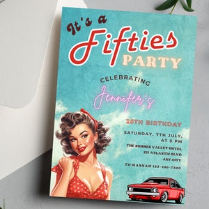 Bearbeitbare Pin Up Style Party Invite, 50er Jahre Geburtstagspartyeinladung, Vintage Geburtstagseinladungsvorlage, jedes Alter, Druck oder Text