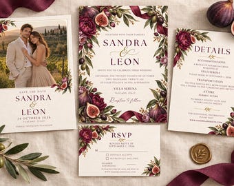 Plum Wedding Invitation Suite, Editable Canva Template with Figs, Olive Branches, RSVP and Details Card