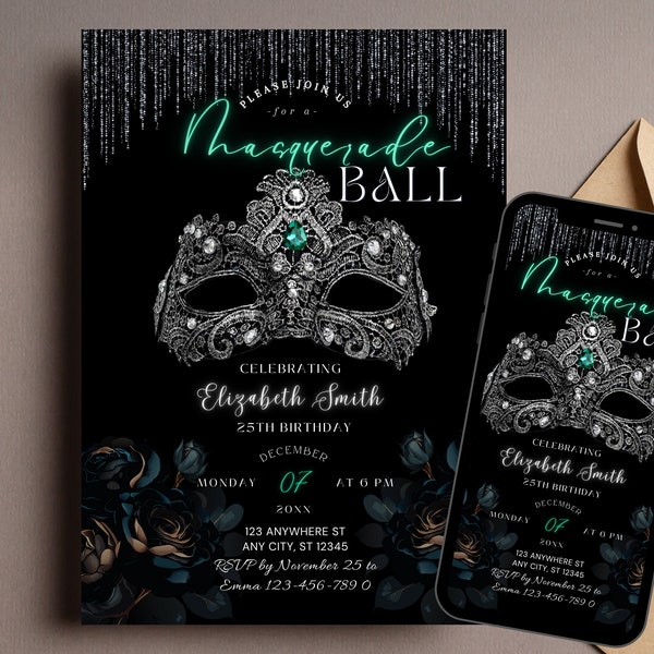 Green Emerald Crystal Masquerade Party Invitation, Editable Luxury Birthday Invite, Print or Text, Canva Template