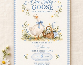 Silly Goose First Birthday Invitation, Blue Gingham Boy 1st Birthday Invite, Editable Canva Template