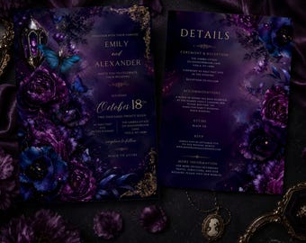 Moody Purple Wedding Invitation Template | Dark Floral Butterfly Invite (Digital Download)