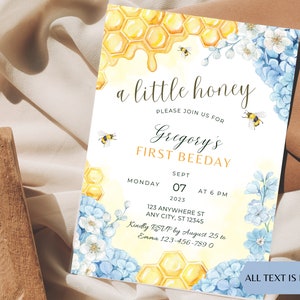 Editable Baby Bee Birthday Invitation Honey Bee First Birthday Party ...