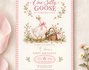 Pink Silly Goose First Birthday Invitation, Girl 1st Birthday Invite, Watercolor Goose Pink Gingham Editable Canva Template
