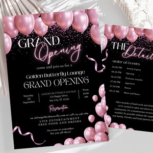 Bewerkbare roze uitnodiging voor feestelijke opening, uitnodiging zakelijke opening, digitale uitnodiging lanceringsfeest, kaart met details, canvassjabloon