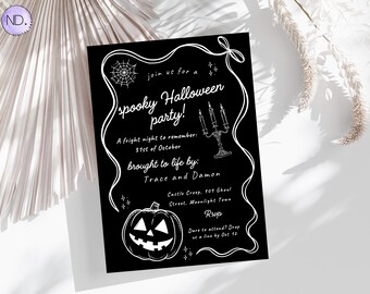 Bearbeitbare, wunderliche Halloween-Party-Einladung, gruseliges Doodle-Design (Canva-Vorlage)