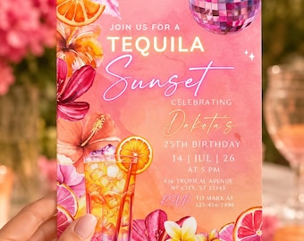 Tequila Sunrise Party Invitation, Summer Sunset, Editable Canva Template (Digital Download)