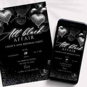 Editable All Black Affair Invitation, All Black Party Invitation, Formal Attire Invite, Canva Template
