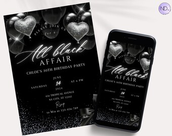 All Black Affair Invitation, Formal Attire, Canva Template (Digital Download)