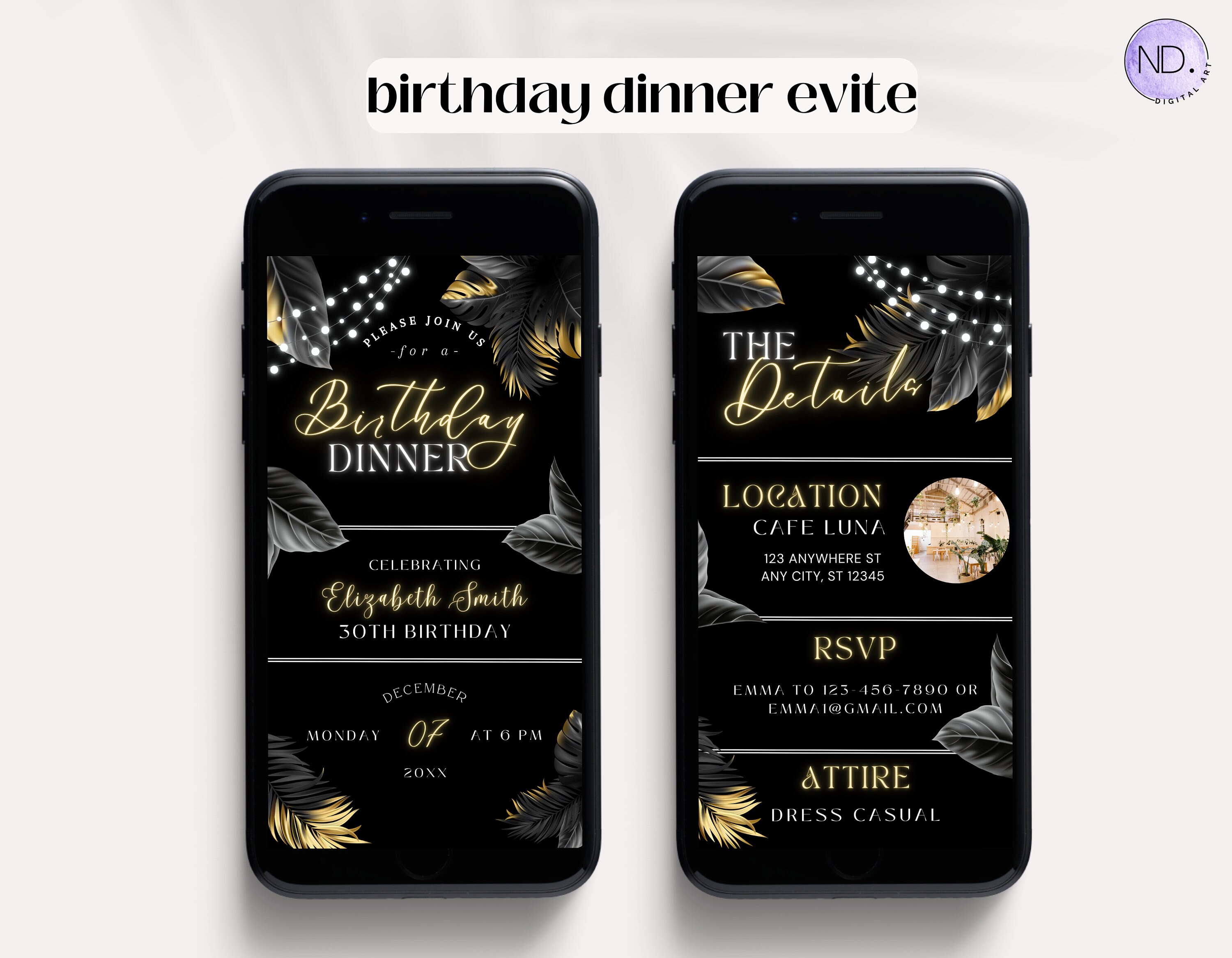 Editable Black and Gold Birthday Dinner Invitation Digital - Etsy