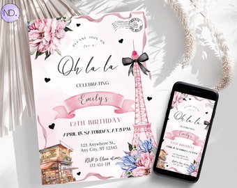 Convite de aniversário editável com tema parisiense, convite para festa em confeitaria francesa, para imprimir ou digitar, modelo do Canva