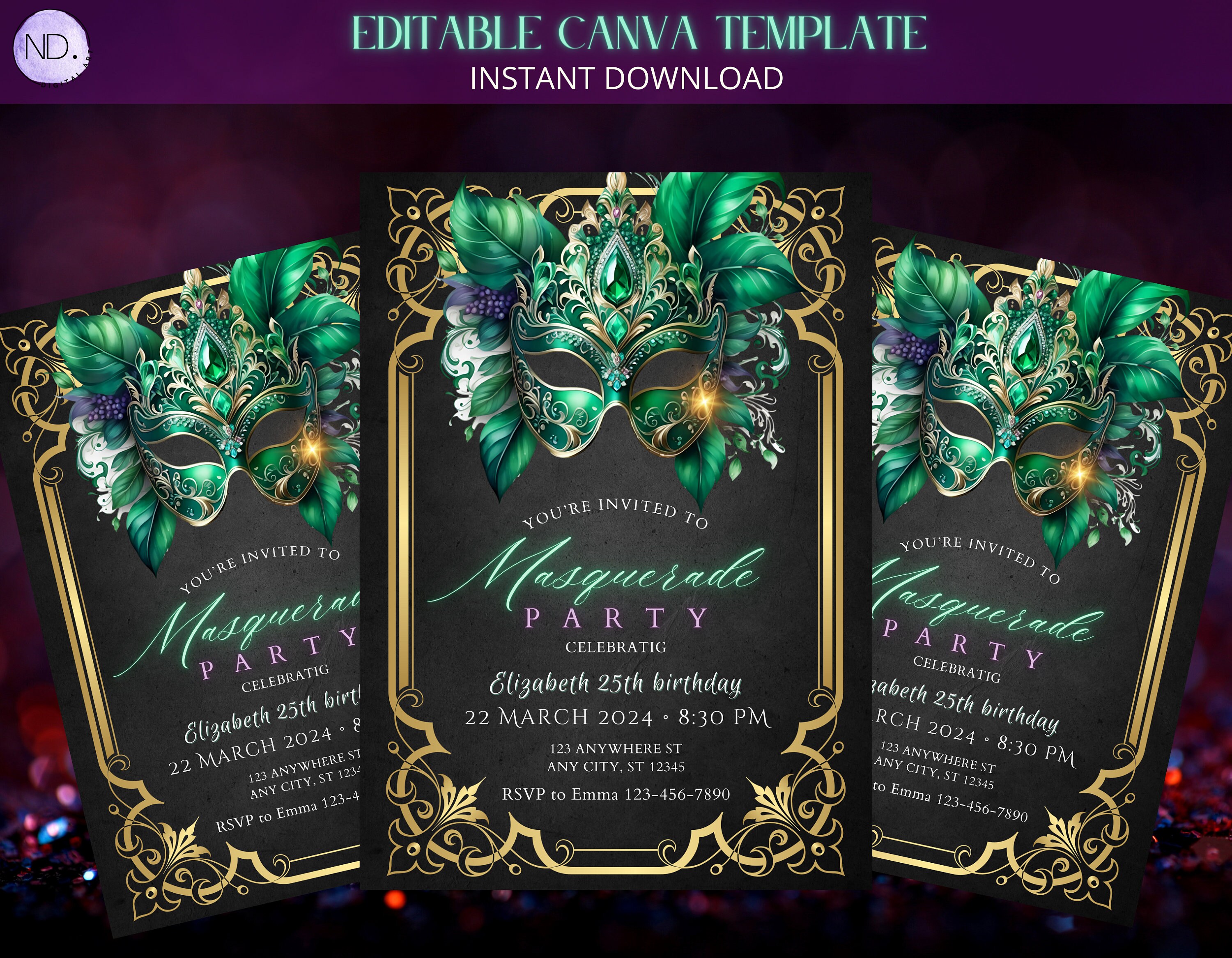 Editable Masquerade Birthday Invitation, Green Masquerade Ball Invite ...