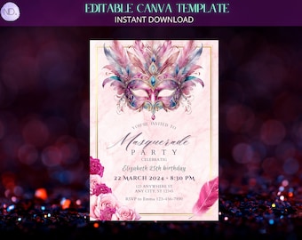 Fuchsia Masquerade Birthday Invitation, Pink Rose, Canva Template (Digital Download)