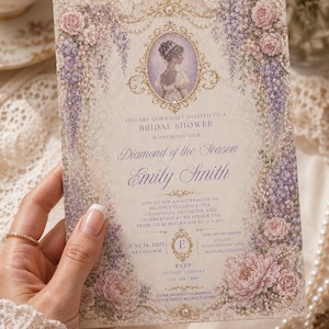 May include: A rectangular bridal shower invitation card featuring a central oval portrait of a person in period attire, surrounded by floral illustrations in shades of pink and purple, lace-like borders, and text detailing an event for Emily Smith.