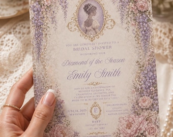 Regency Bridal Shower Invitation, Diamond of the Season, Wisteria Peony Floral (Digital Download)