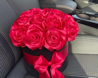 Red Satin Rose Bouquet in Box, Silk Ribbon Flower Arrangement, Elegant Handcrafted Gift Satin Flowers, Eternal Rose Bouquet, Gift for her