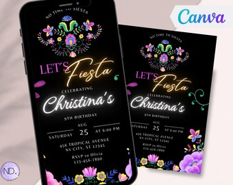 Invitación editable de cumpleaños con flores mexicanas (descarga digital)