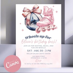 Puede incluir: Una invitación de cumpleaños con un patín de ruedas rosa, una bola de discoteca y un lazo. El texto dice "Wheels up for Olivia's birthday bash!" con detalles del evento: 20 de agosto a las 3 PM en Roller Galaxy Skate Center.