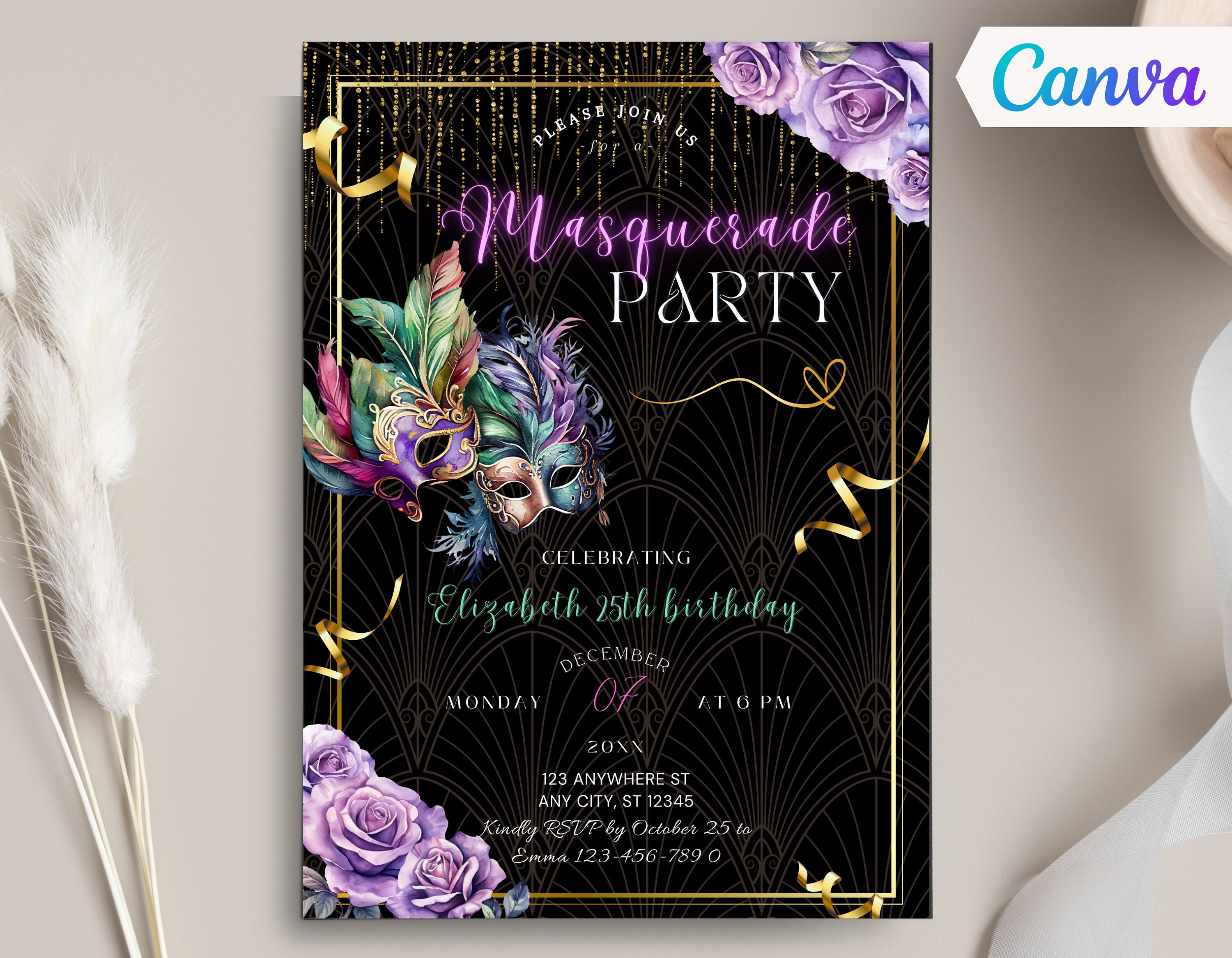 Editable Masquerade Party Invitation, Luxury Birthday Invite, Print or ...