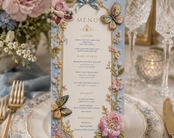 Regency Birthday Menu Card | Embroidered Floral Butterfly Party Menu | Editable Canva Template