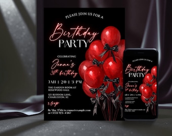 Red Balloon Birthday Party Invitation, Editable Canva Template (Digital Download)