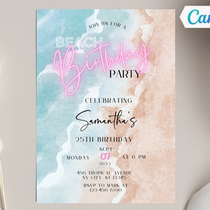 Beach Birthday Party Invitation, Editable Birthday Party Invite, Beach Party Evite, Any Age, Print or Text, Canva Template
