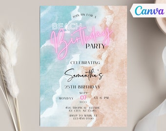 Beach Birthday Party Invitation, Editable Birthday Party Invite, Beach Party Evite, Any Age, Print or Text, Canva Template