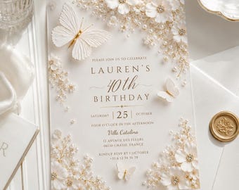 Luxury White Floral Butterfly Milestone Birthday Invitation | Elegant Pearl & Gold Invite | Editable Canva Template