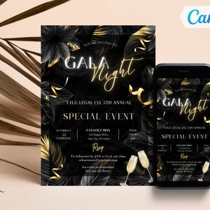 Bearbeitbare Gala Night Party Einladung, Gala Fundraiser Bankett Einladung, Business Corporate Night Invite, Print oder Text, Canva Template
