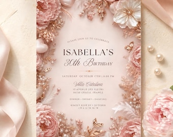 Blush Pink Floral Birthday Invitation, Elegant Rose Gold Pearl Party Invite, Editable 30th Birthday Template