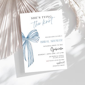 She's Tying the Knot Bridal Shower Invitation, Blue Watercolor Bow Bridal Shower Invite, Blue Ribbon Wedding Shower, Canva Template