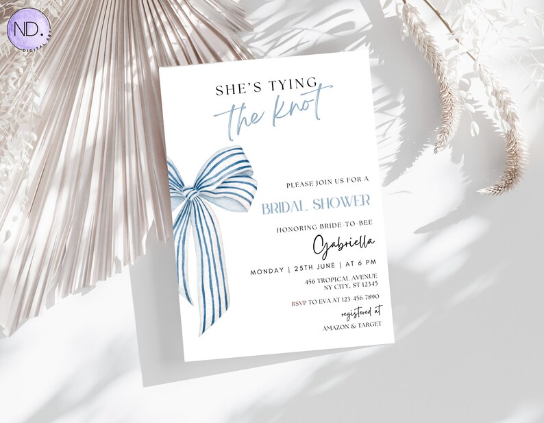 She's Tying the Knot Bridal Shower Invitation, Blue Watercolor Bow Bridal Shower Invite, Blue Ribbon Wedding Shower, Canva Template