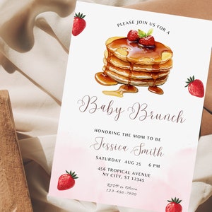 Editable Pancake Baby Brunch Invitation Template, Brunch Baby Shower Invite, Strawberry Blueberry Pancakes, Gender Neutral, Print or Text