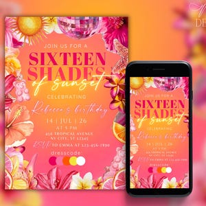 Może przedstawiać: Żywy projekt zaproszenia z tekstem "SIXTEEN SHADES of sunset" i kwiatowymi akcentami. Zaproszenie jest wyświetlane na telefonie i karcie, z paletą kolorów i szczegółami wydarzenia. Projekt zawiera kulę dyskotekową i tropikalne kwiaty.