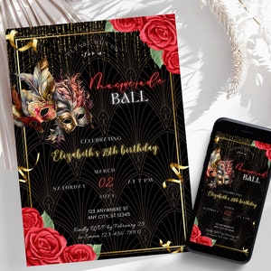 Editable Masquerade Ball Invitation, Red Roses and Gold Masquerade Party Invite, Luxury Birthday Invite, Print or Text