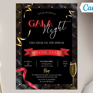 Gala Night Party Invitation, Editable Business Corporate Party Invite, Gala Fundraiser Banquet Invitation, Print or Text, Canva Template