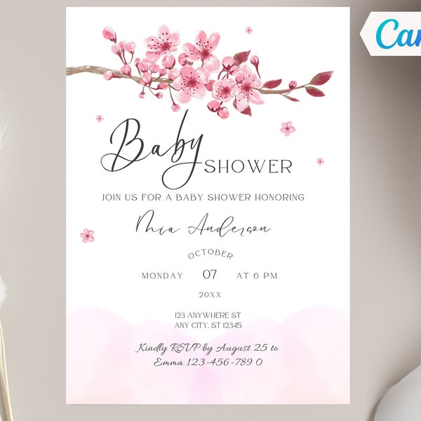 Cherry Blossom Baby Shower Invitation, Editable Japanese Sakura Baby Shower Invite, Print or Text, Canva Template